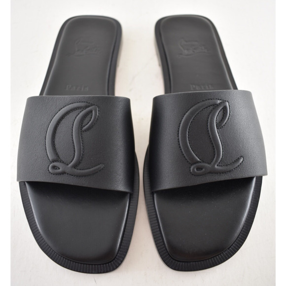 Christian Louboutin CL Mule Flat Black Leather Logo Slide Slip On Sandal 37.5 - Picture 9 of 16